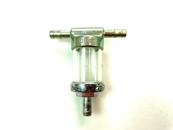 Benzinfilter OMG mit 3 Schlauch-Anschlüssen, Metall / Glas 6mm