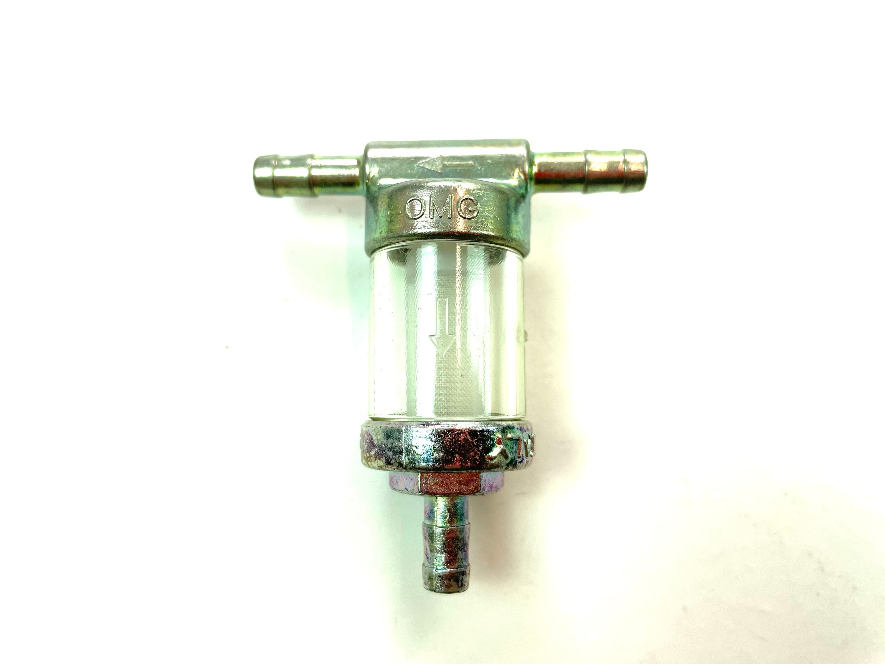 Benzinfilter für 8mm-Benzinschlauch, Alu chrom, geschraubt mit  Sinter/Bronze Filtereinsatz