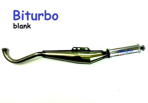 Biturbo Rennauspuff Puch Maxi S N E50 inkl. Krümmer mit Flanschanschluss 28mm Bullet Design blank /